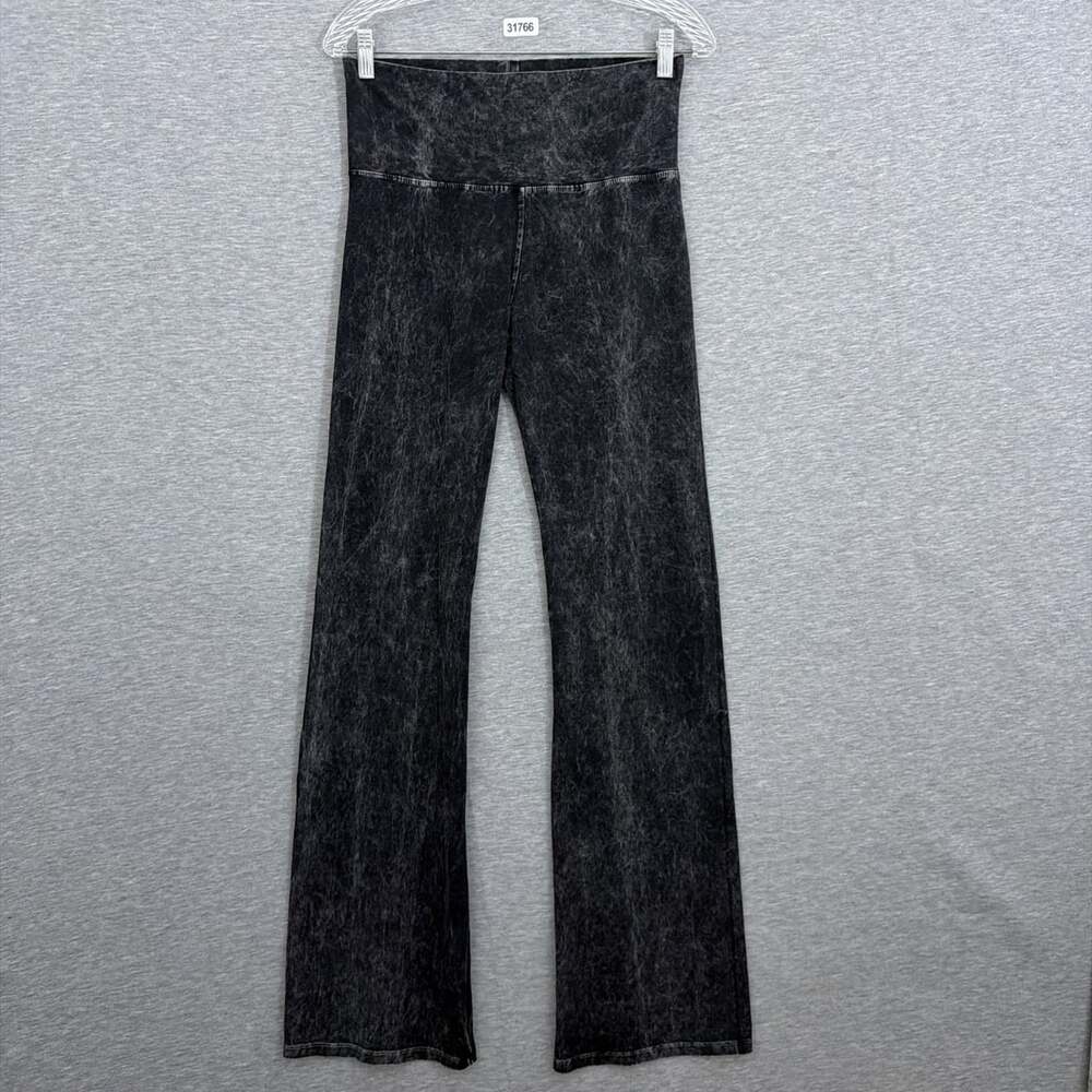 T Party Women's Large Black Acid Wash Pull On Flare Roll Down Pants